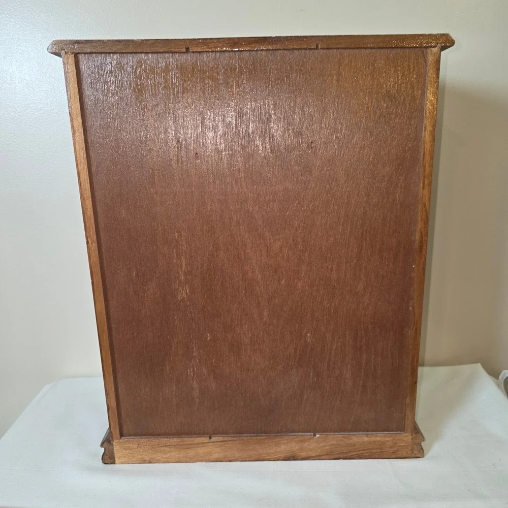 Vtg Wooden Jewelry Armoire Box 5 Drawers Etched Glass Doors Necklace Carousel